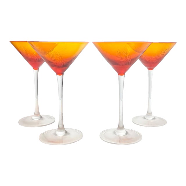 1960s Vintage Mid-Century Amber Orange Frond Etched Martini Glasses - Set of 4 For Sale