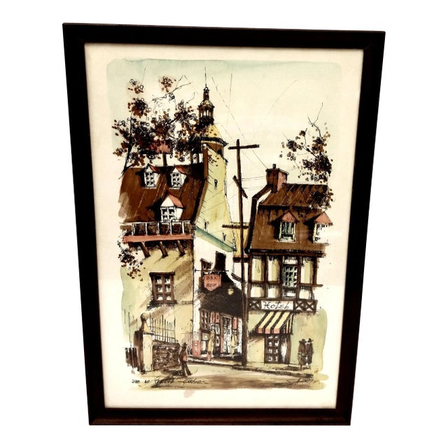Mid-Century Small Town in Quebec Lithograph Print For Sale