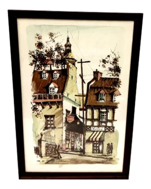 Mid-Century Small Town in Quebec Lithograph Print