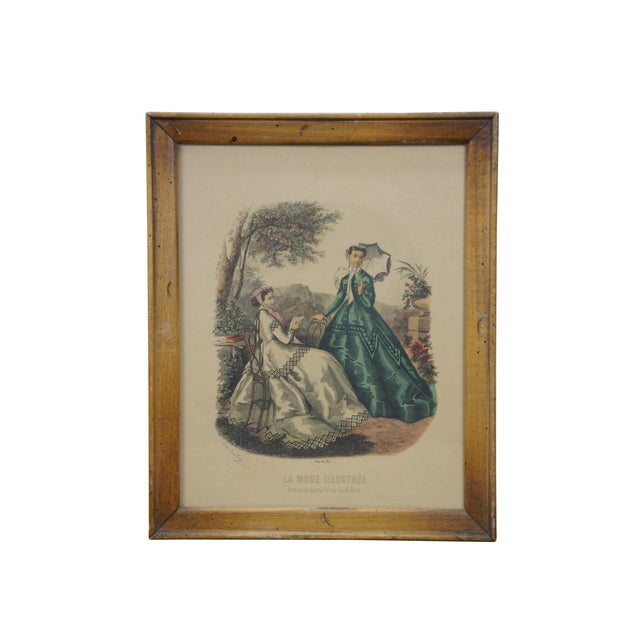 Pair of mid to late 19th century hand colored fashion etchings from Paris' La Mode Illustre magazine. Beveled wood frames....