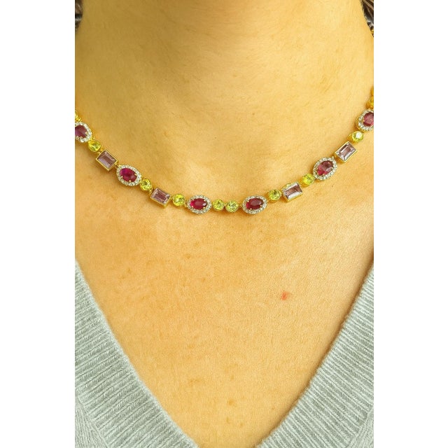 Bochic “Capri” Vintage Ruby, Amethyst, Peridot Necklace Set 18K Gold & Silver For Sale - Image 10 of 10