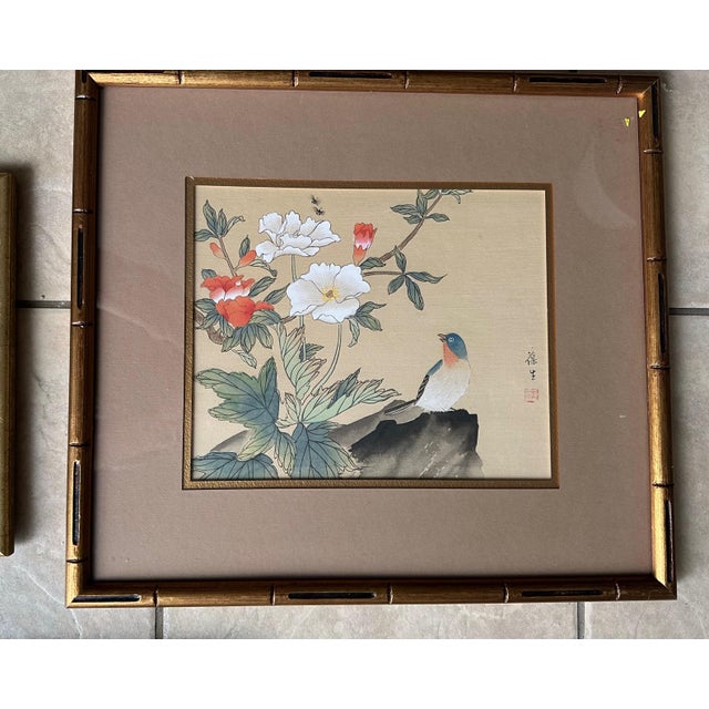 Collection Four Asian Japanese Silk Watercolor Framed Paintings For Sale - Image 10 of 18