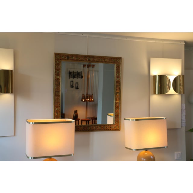 Large Square Mirror with Wooden Frame and Brass Trim, Italy, 1960s, in Very Good conditions. Designed 1960 to 1969