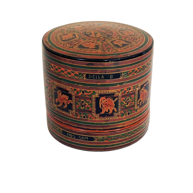 Wood Vintage Burmese Asian Lacquer Wood Hand Painted Betel Box 5" H For Sale - Image 7 of 11