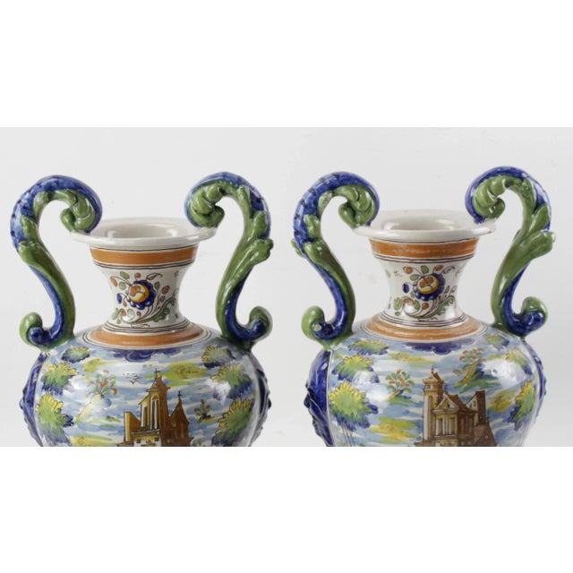 Blue Pair of Antique Italian Majolica Italian Blue and Green Two Handled Urns For Sale - Image 8 of 10
