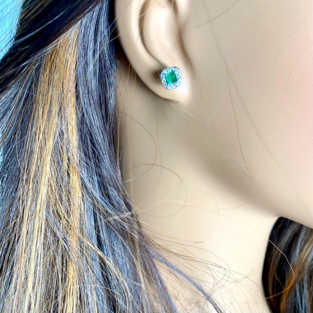 Emerald Shaped Emerald Diamond 1.20 Carat Halo 14 Karat White Gold 0.32 Inch Earrings - 2 Pieces For Sale - Image 4 of 10