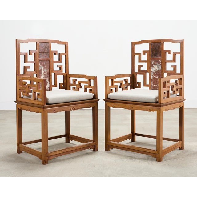 Pair of Chinese Ming Style Scholar's Armchairs With Marble Inset For Sale - Image 4 of 18