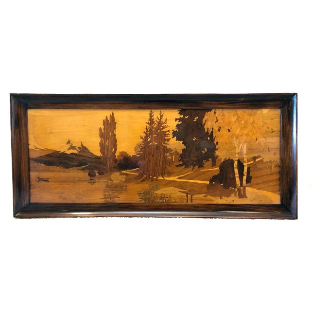 Workaday Handmade Early 20th Century Alpine Lake Att. Pierre Rosenau Marquetry Panel Framed For Sale - Image 4 of 4