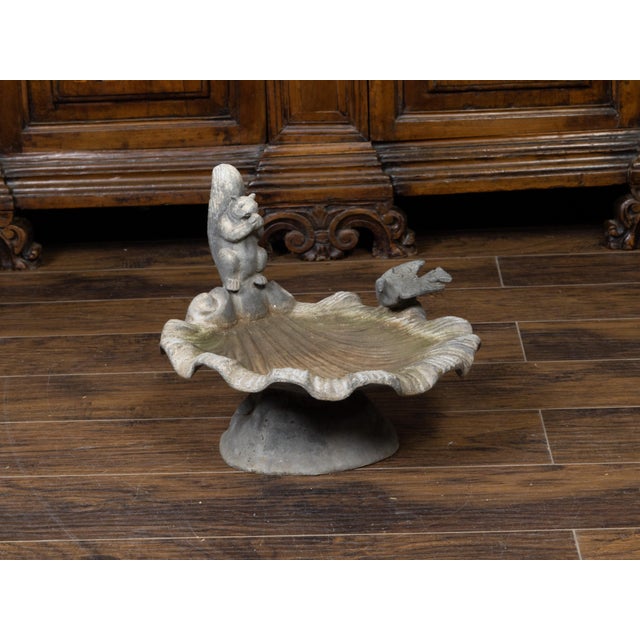 Mid 20th Century English Midcentury Lead Bird Bath Depicting a Shell with Squirrel and Bird For Sale - Image 5 of 10