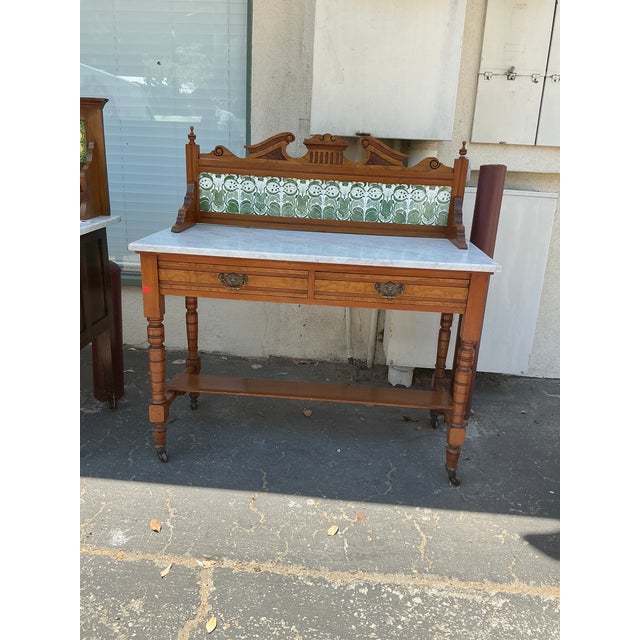 Victorian Early 20th Century Victorian-Style Rolling Work Cabinet With Marble Top and Decorative Tile For Sale - Image 3 of 7
