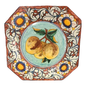 Late 20th Century Italian Majolica Hand Painted Floral Fruit Quince Platter Wall Hanging