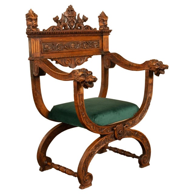Traditional Antique Renaissance Revival Carved Walnut Green Man Savonarola Chair Circa 1890 For Sale - Image 3 of 17