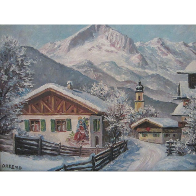 1940s Okreno Winter Scene Ski Lodge Snow Mountain Oil on Board Signed Painting For Sale - Image 9 of 12