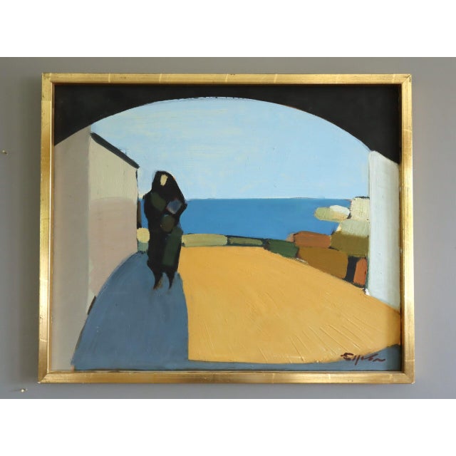 SEASIDE PASSAGE Size: 15.8 x 18.9 inches (including frame) Oil on board A striking modernist style coastal landscape with...