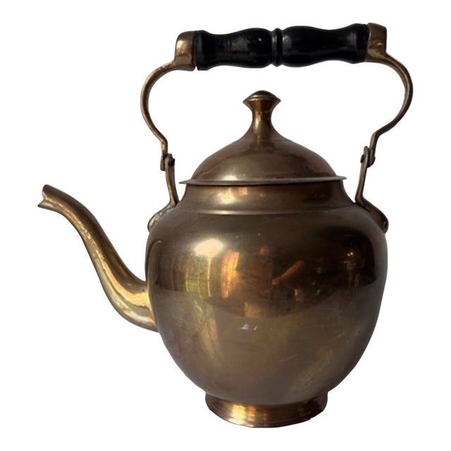 Vintage Brass Tea Pot With Wooden Handle For Sale