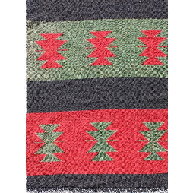 Tribal Large Vintage Kilim Rug With Tribal Shapes and Stripes in Red, Brown and Green For Sale - Image 3 of 13
