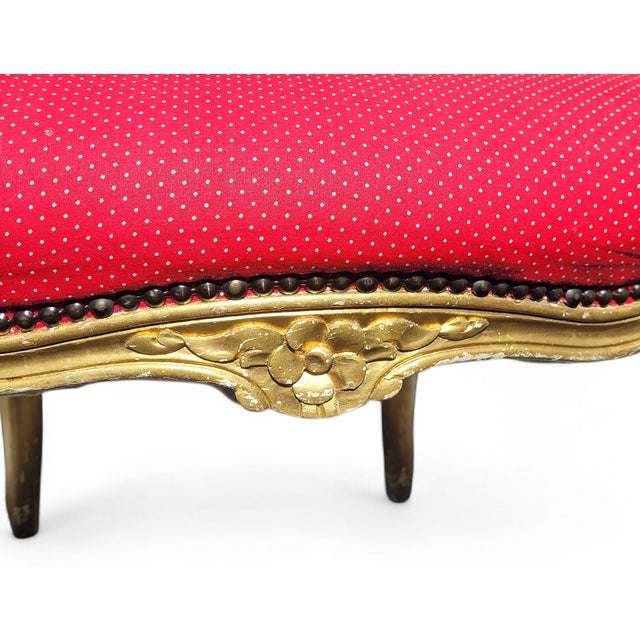 Vintage French Louis XV Style Giltwood Armchair with Rococo Carved Frame and Nailhead Trim, 1940s For Sale - Image 6 of 17