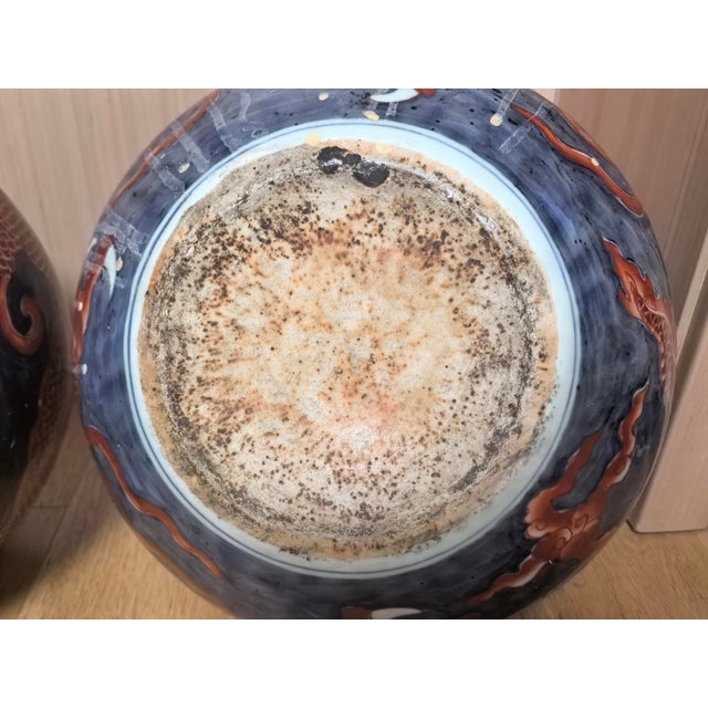 A Pair of Chinese Ceramic Vase Ming Dynasty Xuande Marked Blue Ground Famille Verte Porcelain Tianqiu Vase Hand Painted Dragon Pattern For Sale In Seattle - Image 6 of 16