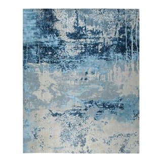 8x10 Blue Machine Made Wool Coastal Distressed Abstract Modern Carpet Rug For Sale