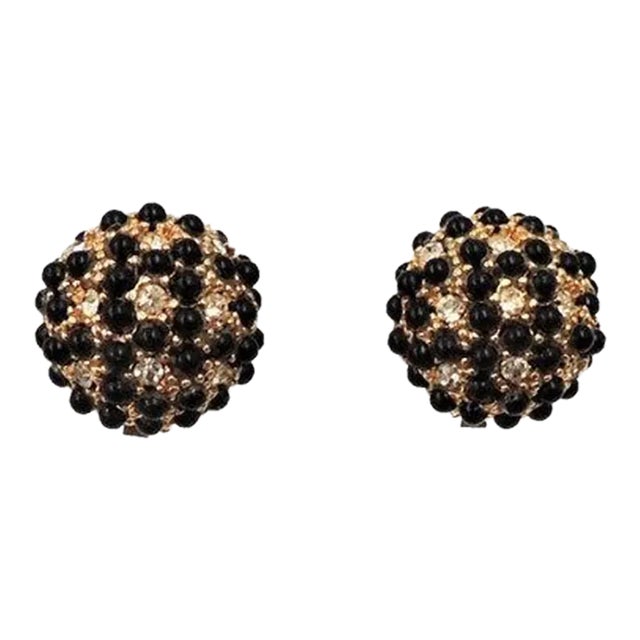 Vintage 1960s Hobe Domed Faux-Onyx & Clear Rhinestone Clip Earrings - 2 Pieces For Sale
