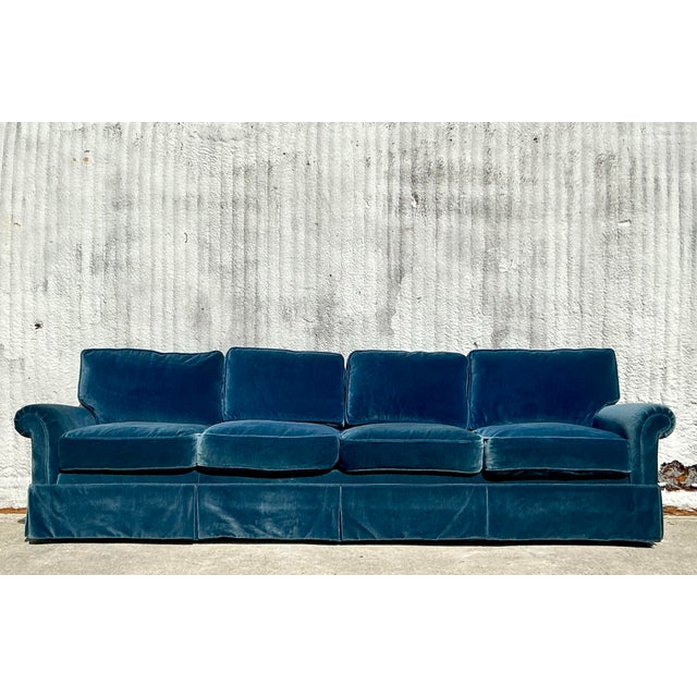 Early 21st Century Vintage Regency Cerulean Velvet Down Long Sofa After Ferrell For Sale - Image 5 of 12