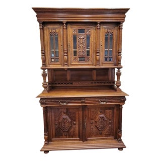 19th Century Belgian Renaissance Revival Carved Walnut Hunting Cupboard, Sideboard Cabinet, Circa 1880 For Sale