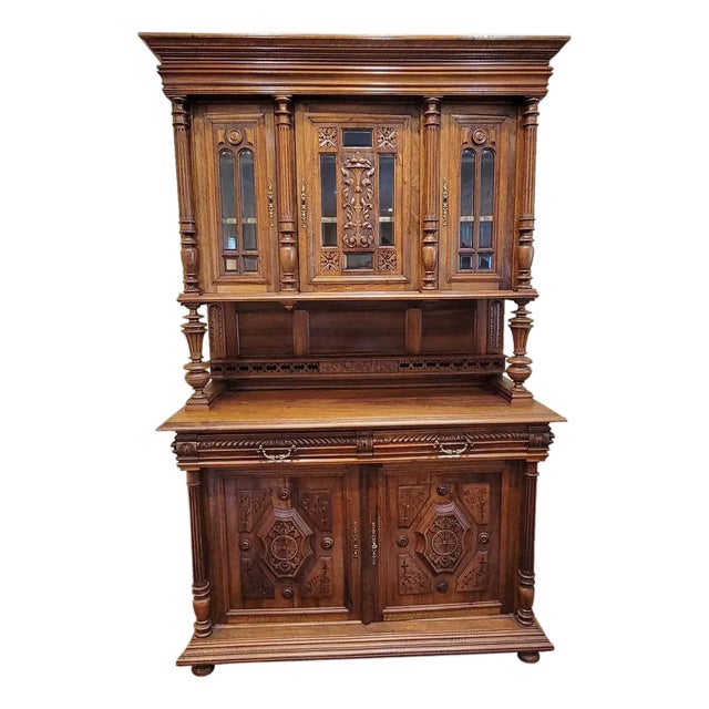 19th Century Belgian Renaissance Revival Carved Walnut Hunting Cupboard, Sideboard Cabinet, Circa 1880 For Sale