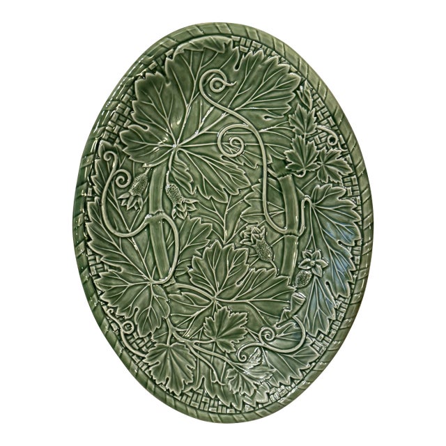 1980s Bordallo Pinheiro Portuguese Green Botanical Serving Platter 15” by 11” For Sale