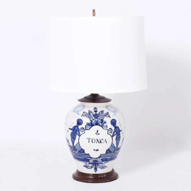 Pair of Antique Dutch Blue and White Porcelain Spice Jar Table Lamps For Sale - Image 4 of 6