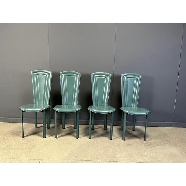 Vintage Green Leather Dining Chairs, 1980s, Set of 4 For Sale - Image 3 of 9