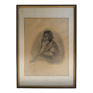 Vintage Original Nude Female Figure Charcoal Drawing Portrait Signed “Blake” For Sale