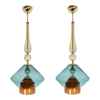 Pair of Petrol Blue Glass Pendants, Italy For Sale