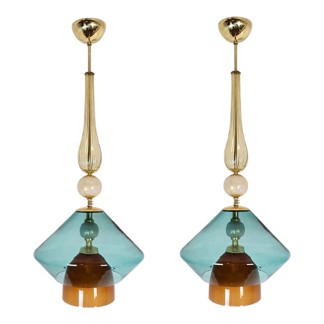 Pair of Petrol Blue Glass Pendants, Italy For Sale