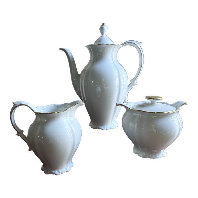Mid-20th Century Seltmann Weiden Theresia Bavaria Porcelain Coffee Pot Creamer Sugar Set - Set of 3 For Sale