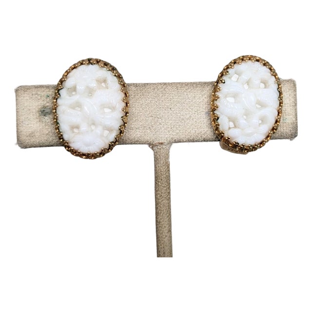 Vintage 1960s Signed Napier Goldtone Oval Faux-Carved White Jade Clip Earrings-2 Pieces For Sale
