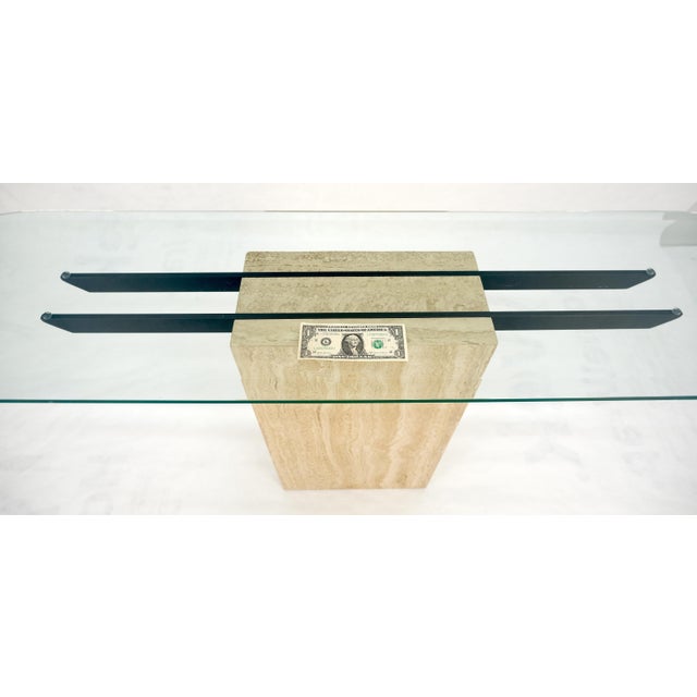 Italian c1970s Mid Century Modern Glass Top Single Travertine Base Console Table For Sale - Image 10 of 14