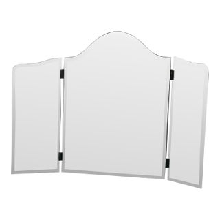 Vintage 1980s Beveled Trifold Mirror With Hinges and Wooden Back For Sale