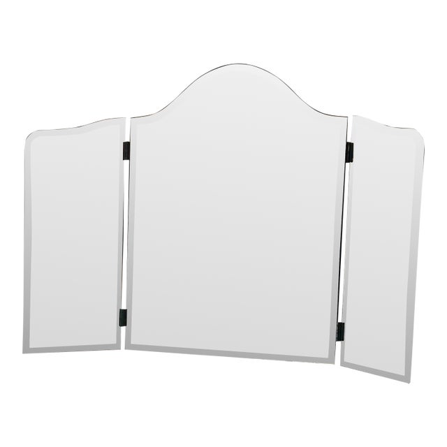 Vintage 1980s Beveled Trifold Mirror With Hinges and Wooden Back For Sale