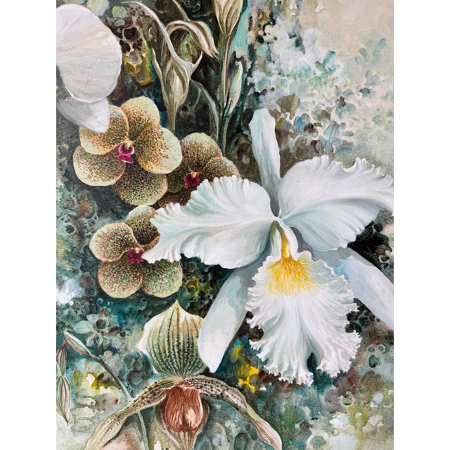 1970’s Vintage Tropical Botanical Orchid Landscape Oil on Canvas Painting, Framed For Sale - Image 10 of 12