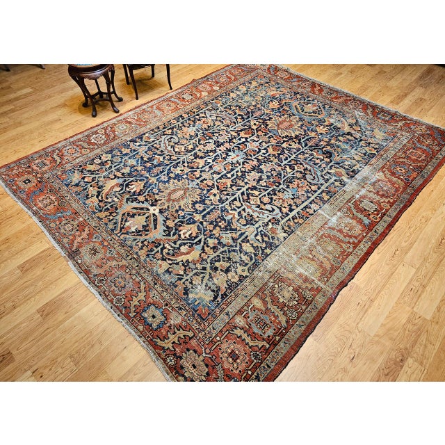 Antique Persian Heriz Serapi Rug, Hand-Knotted Wool, Allover Tree of Life Pattern, Blue & Brick-Red, 9x12 For Sale - Image 10 of 18