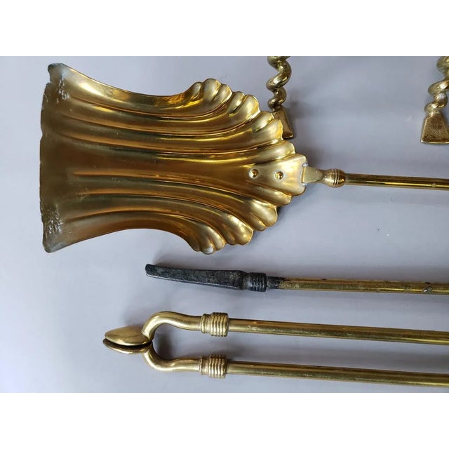 Antique French Brass Fireplace Tools With Firedogs - 5 Piece Set For Sale - Image 9 of 10