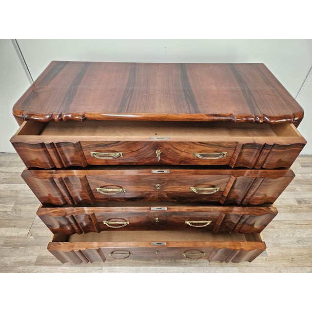 Art Deco Walnut Chest of Drawers with 4 Drawers and Brass Handles, 1940s For Sale - Image 12 of 18