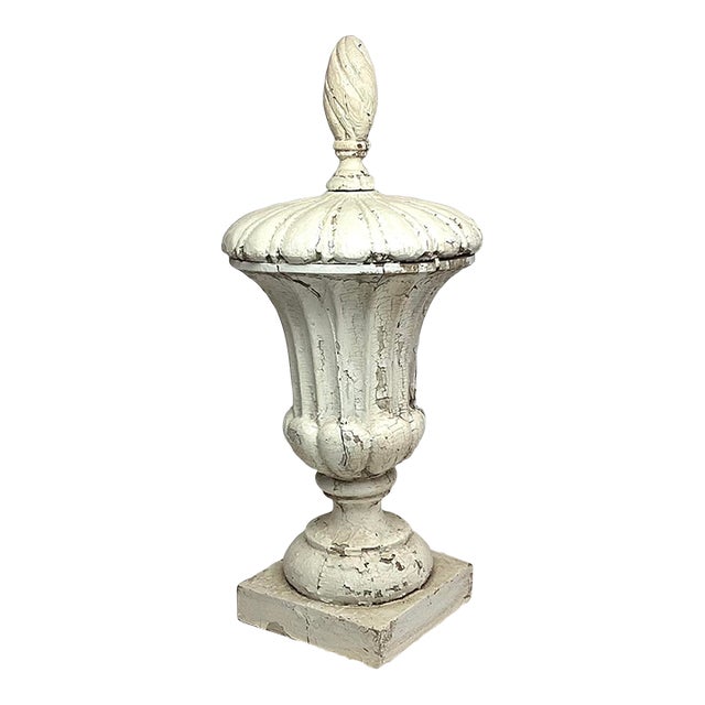 Antique Large Carved & Painted Wooden Urn Finial Architectural Garden Element For Sale