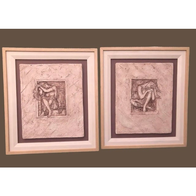 Mid century nude sculpture plaque signed by artist McLain . Plaster stone carved art of nude woman incased in frame with...