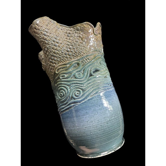 Ceramic Signed 1970s Blue Hand Build Coil Mid Century Stoneware Vase / 70s Organic Art Vessel /Modernist Ceramic Art Studio Pottery For Sale - Image 7 of 9