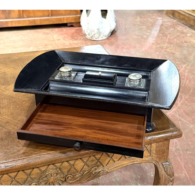 French Art Deco Black Lacquered Wood Desk Set With Glass Inkwells For Sale - Image 4 of 9
