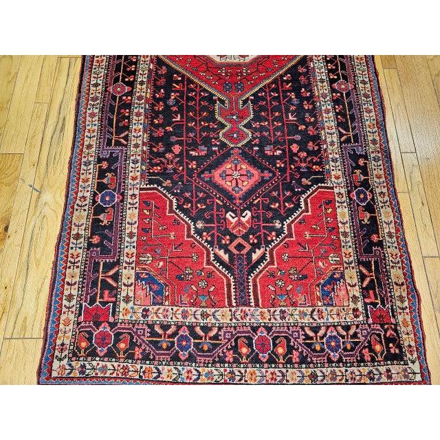 Vintage Persian Hamadan Gallery Rug, Hand-Knotted Wool, Geometric Medallion Pattern, Navy & Red, 6x12 For Sale - Image 13 of 17