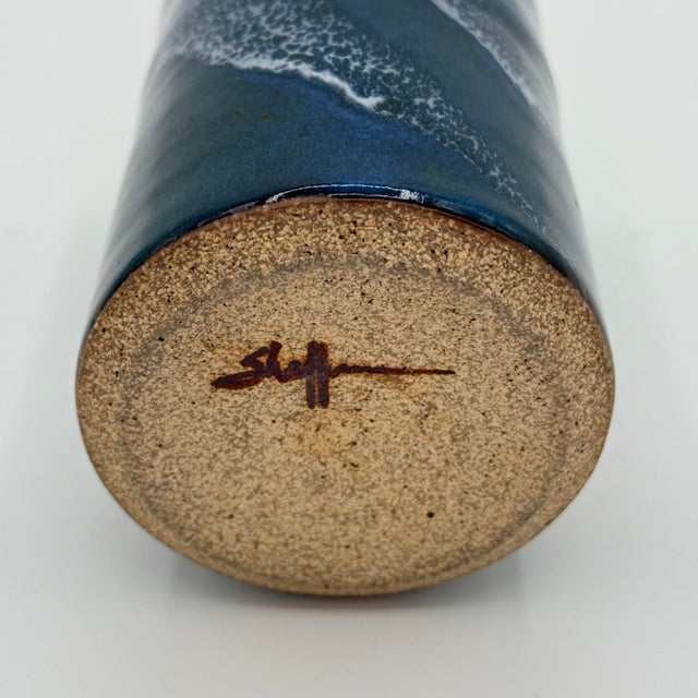 Contemporary Vintage Signed Studio Pottery Ocean Wave Vase / Utensil Cup – Blue Gray Glaze, 5” For Sale - Image 3 of 8