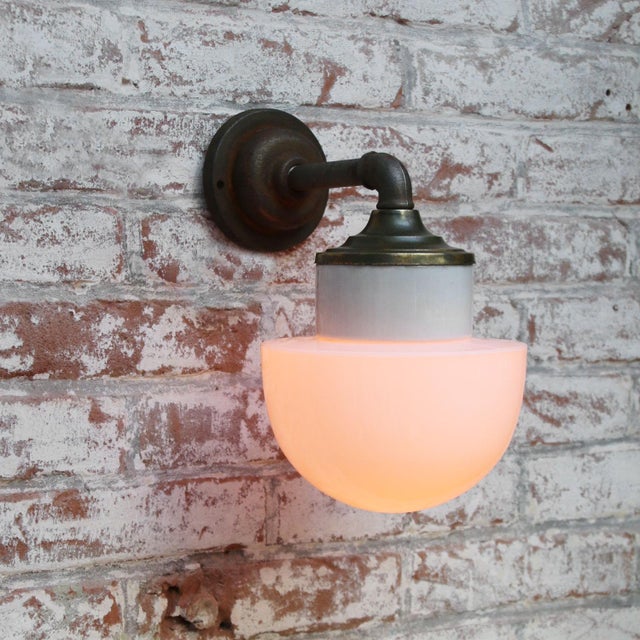 Vintage Industrial White Opaline Glass, Brass, and Cast Iron Sconce For Sale - Image 4 of 9