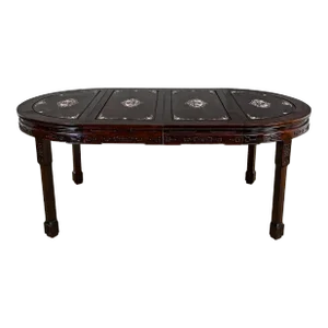 Mid-Late 20th Century Chinese Chinoiserie Dining Table Rosewood & Mother of Pearl Round to Oval With 2 Leaves
